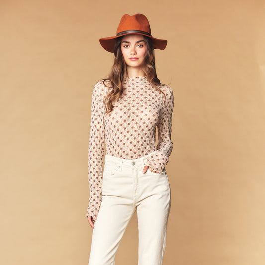 Taupe Dot Mesh Sheer Long Sleeve Top
