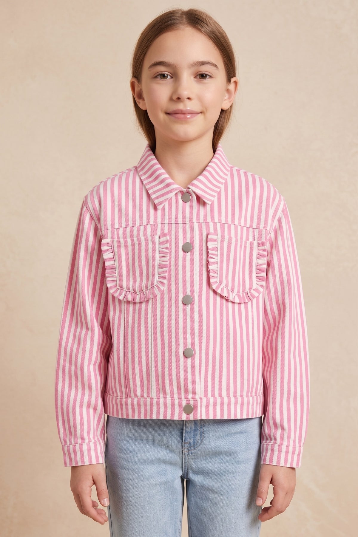 Girls Pinstriped Ruffle Pocket Trucker Jacket
