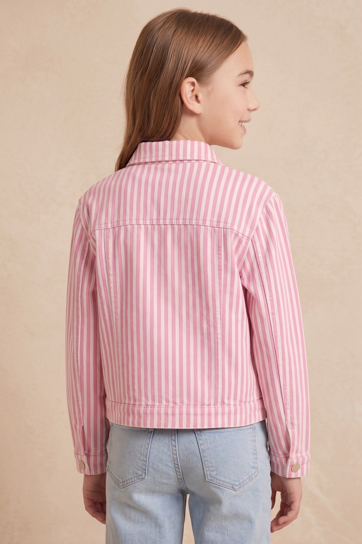 Girls Pinstriped Ruffle Pocket Trucker Jacket