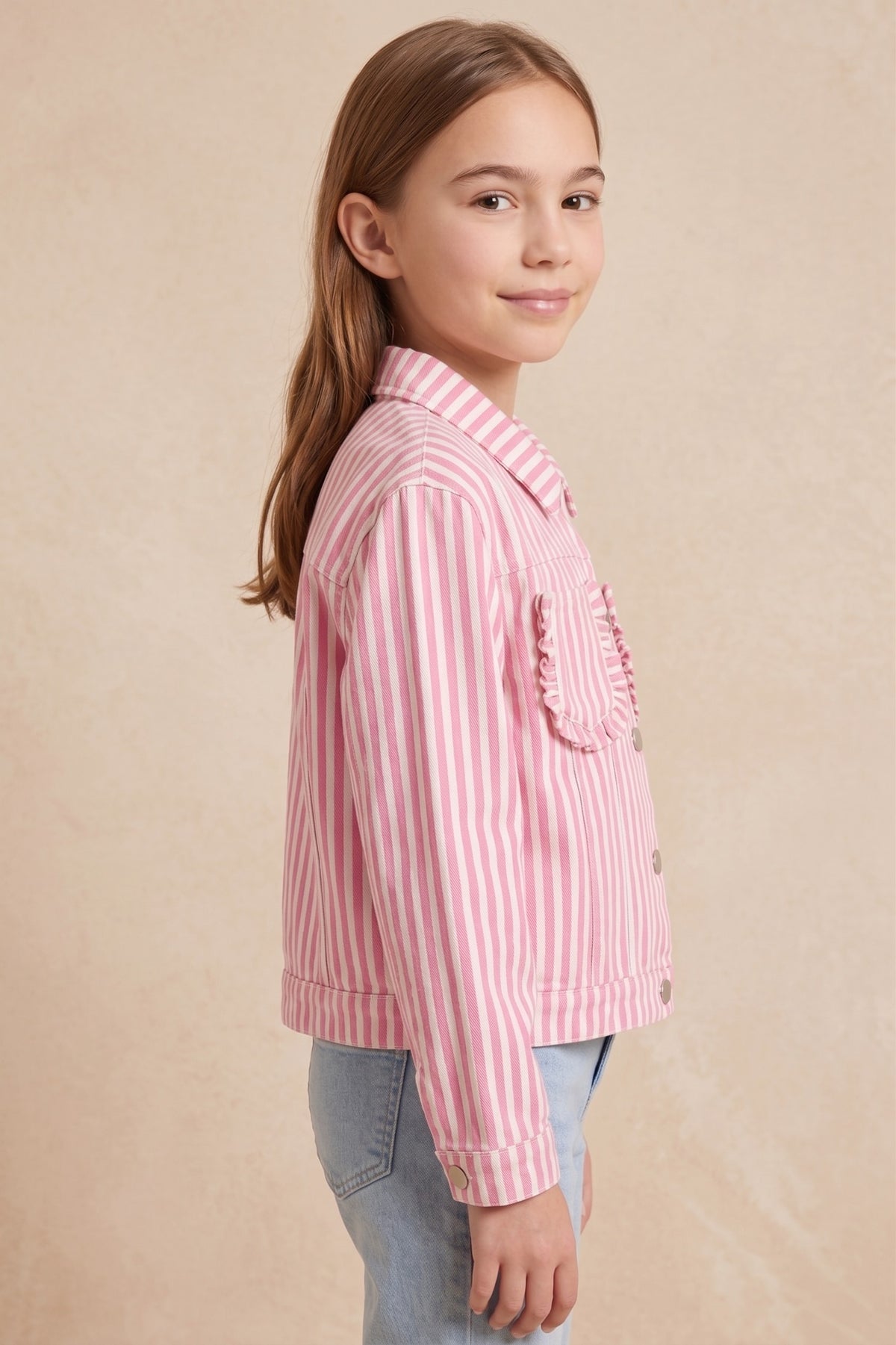 Girls Pinstriped Ruffle Pocket Trucker Jacket