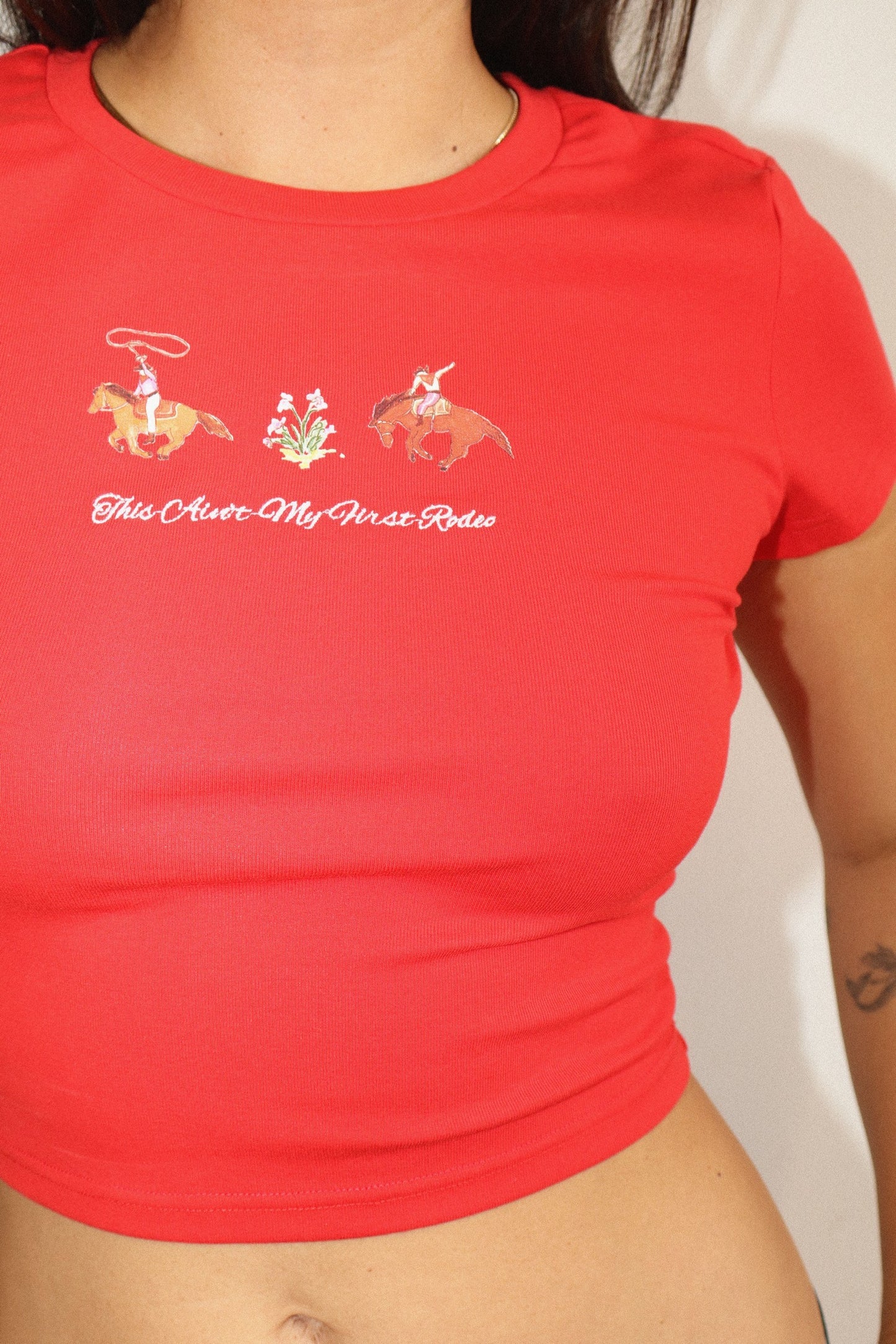 This Aint My First Rodeo Embroidered Fitted Tee- Tomato