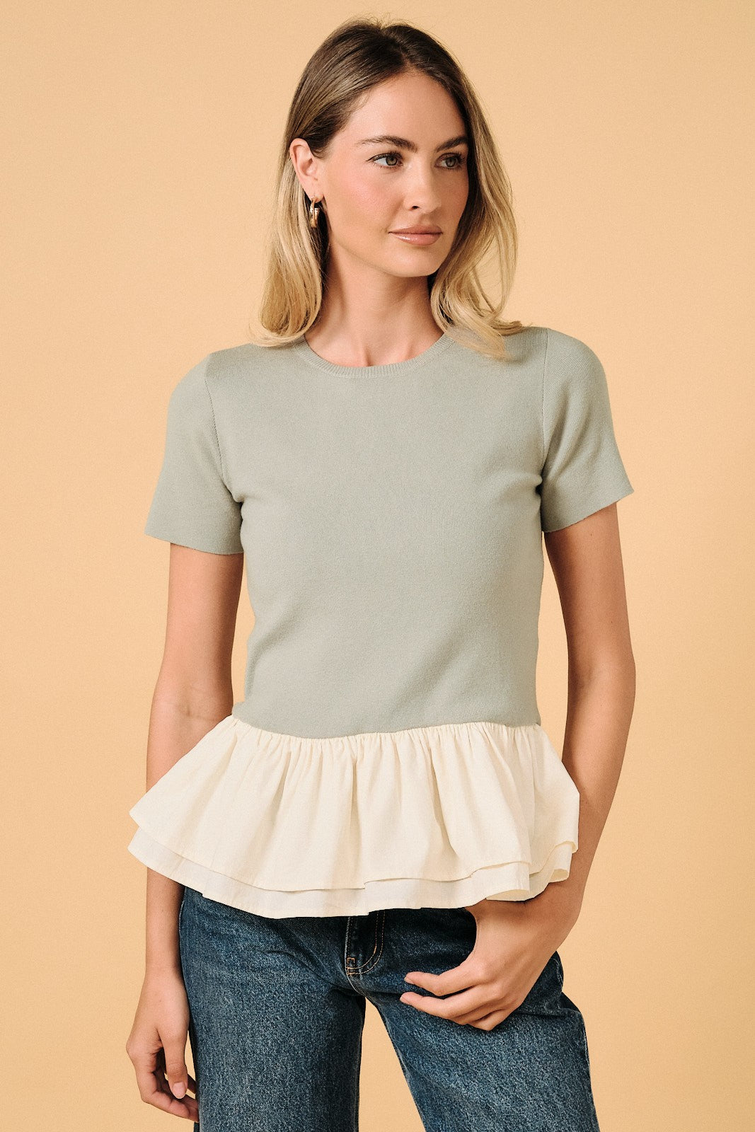 Round Neck Half Sleeve Knit & Woven Mix Top