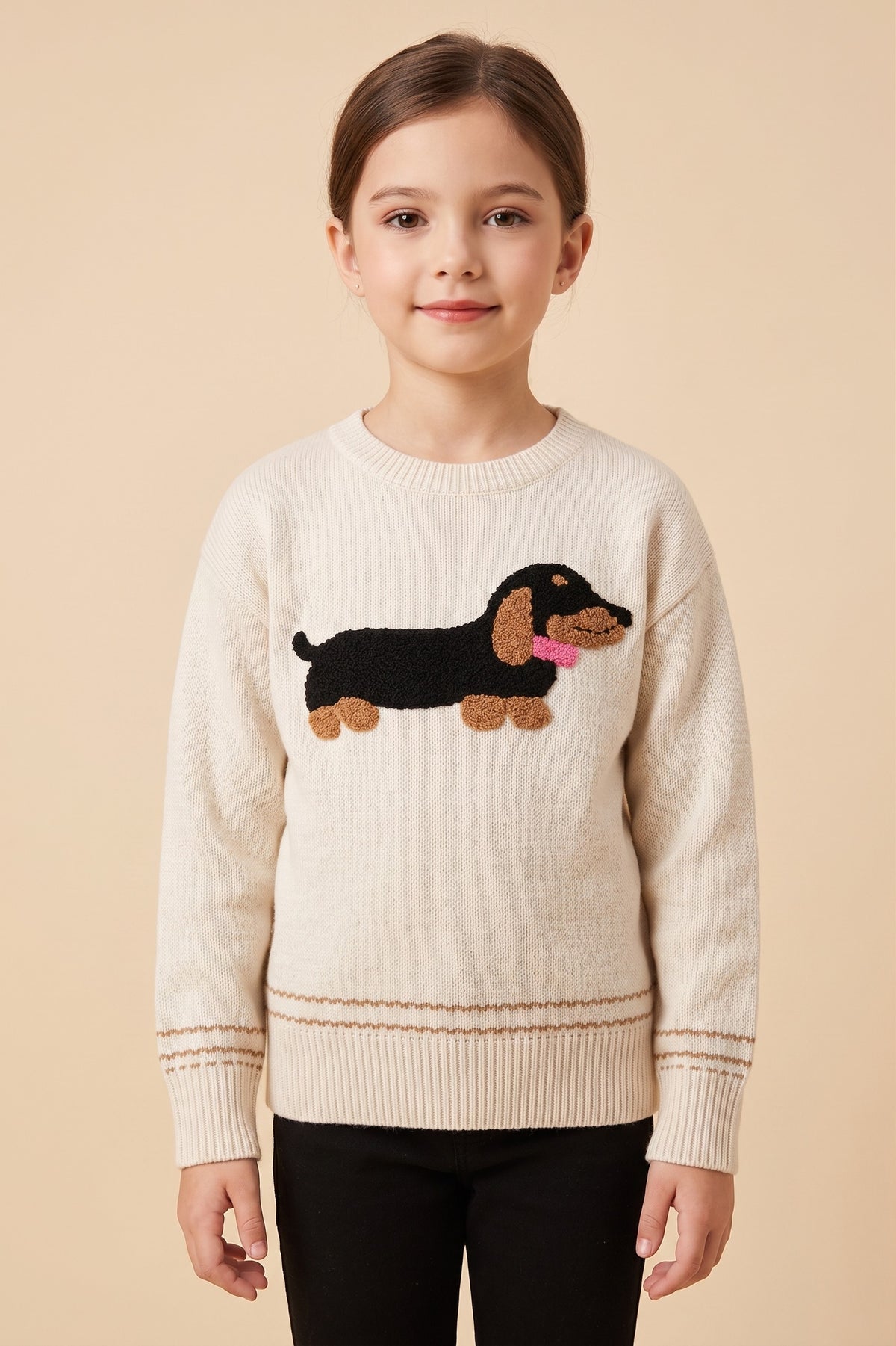 Girls Fuzzy Dachshund Applique Knit Sweater