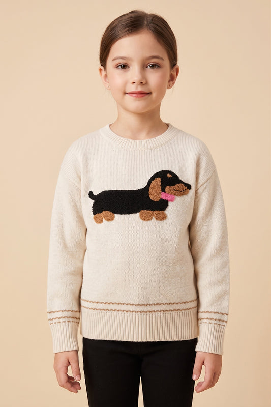 Girls Fuzzy Dachshund Applique Knit Sweater