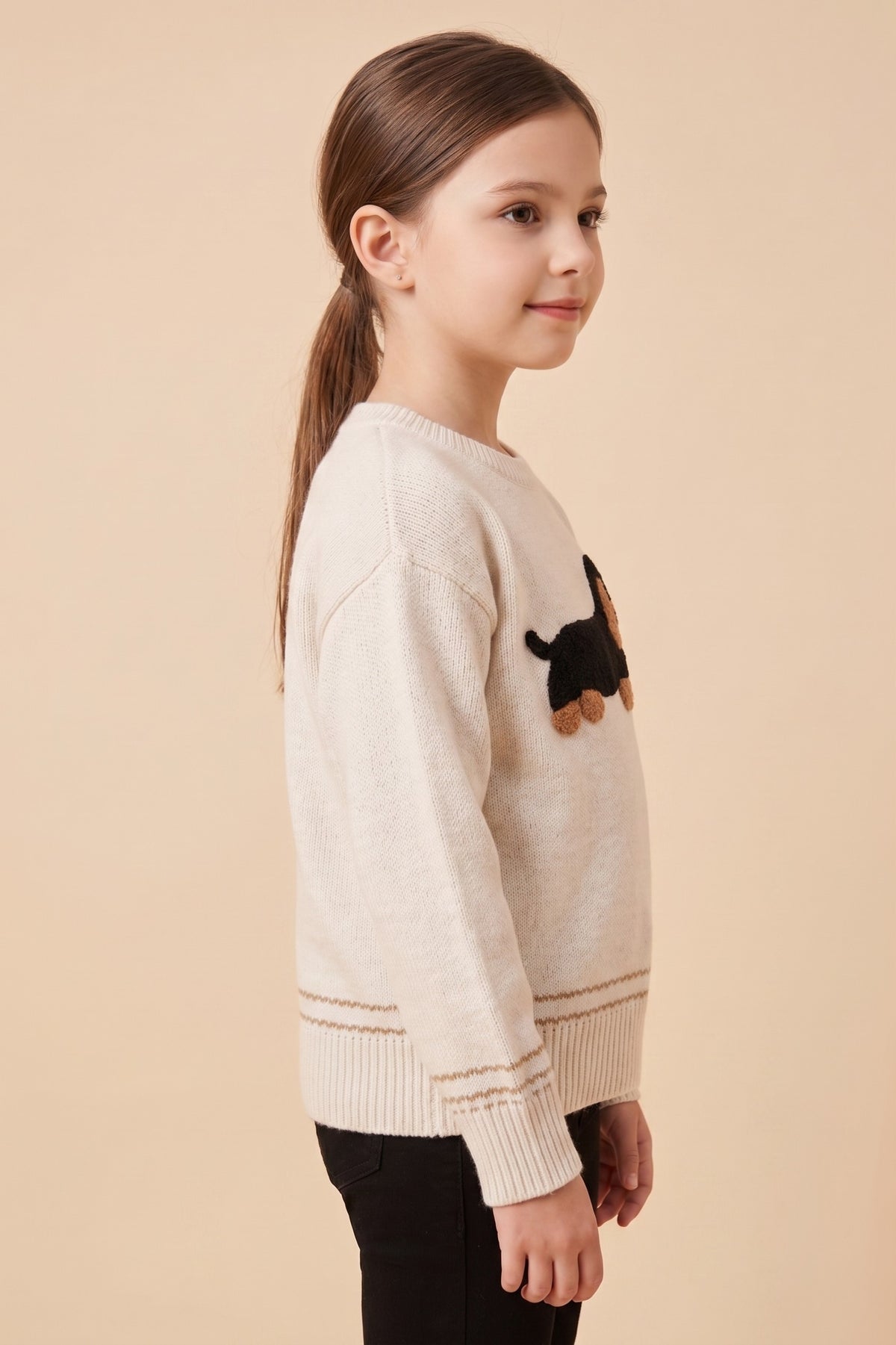 Girls Fuzzy Dachshund Applique Knit Sweater