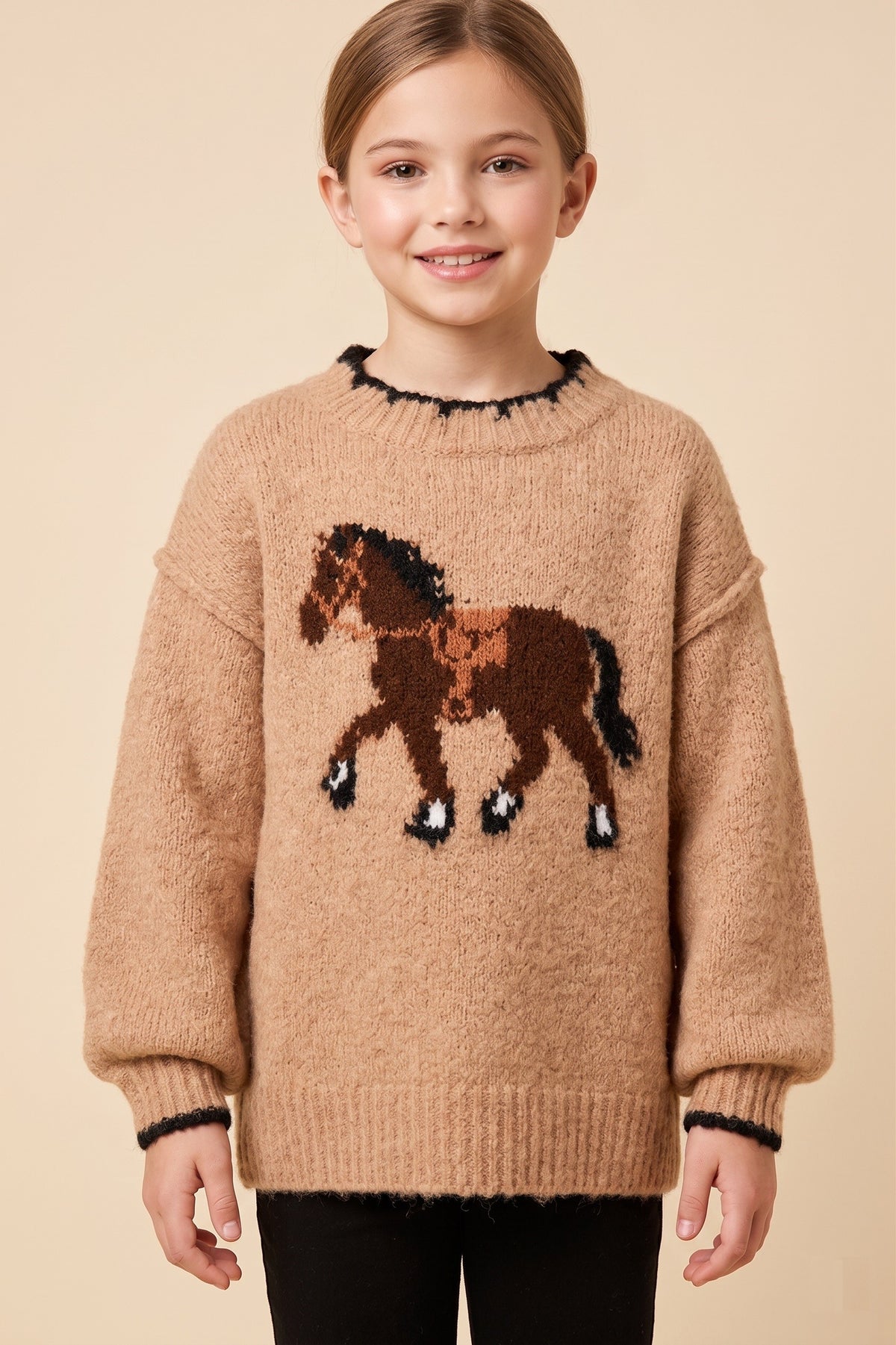 Girls Contrast Detail Horse Knit Sweater
