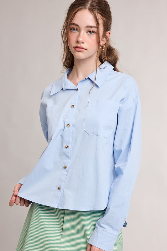 Blue Collared Button Up LS Pocket Top