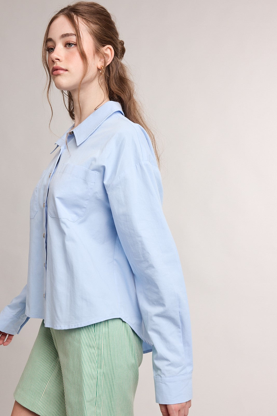 Blue Collared Button Up LS Pocket Top