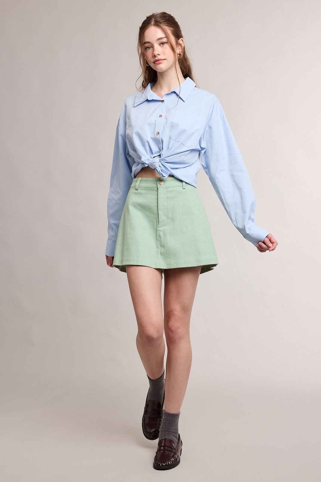 Blue Collared Button Up LS Pocket Top