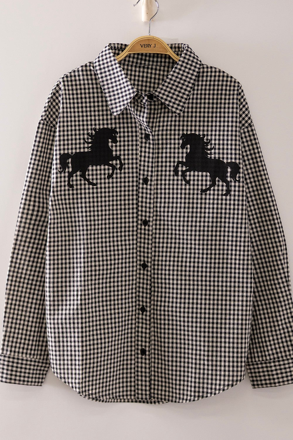 Black Checker Horse Graphic Button Up Shirt