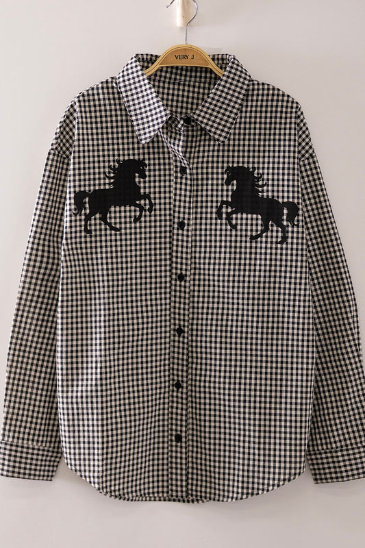 Black Checker Horse Graphic Button Up Shirt