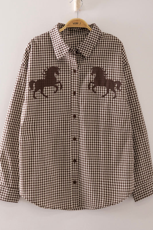 Choco Checker Horse Graphic Button Up Shirt