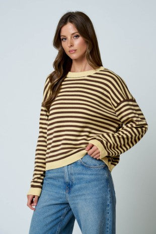 Yellow Striped Back Button Knit Sweater