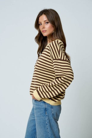 Yellow Striped Back Button Knit Sweater