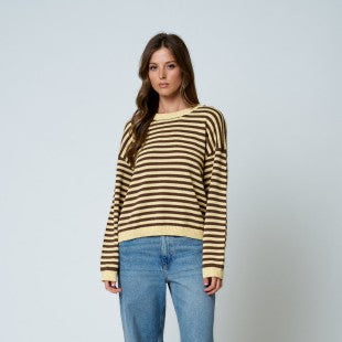 Yellow Striped Back Button Knit Sweater