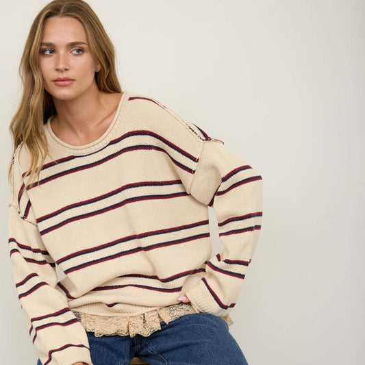 Ivory Exposed Seam Striped Pullover Sweater
