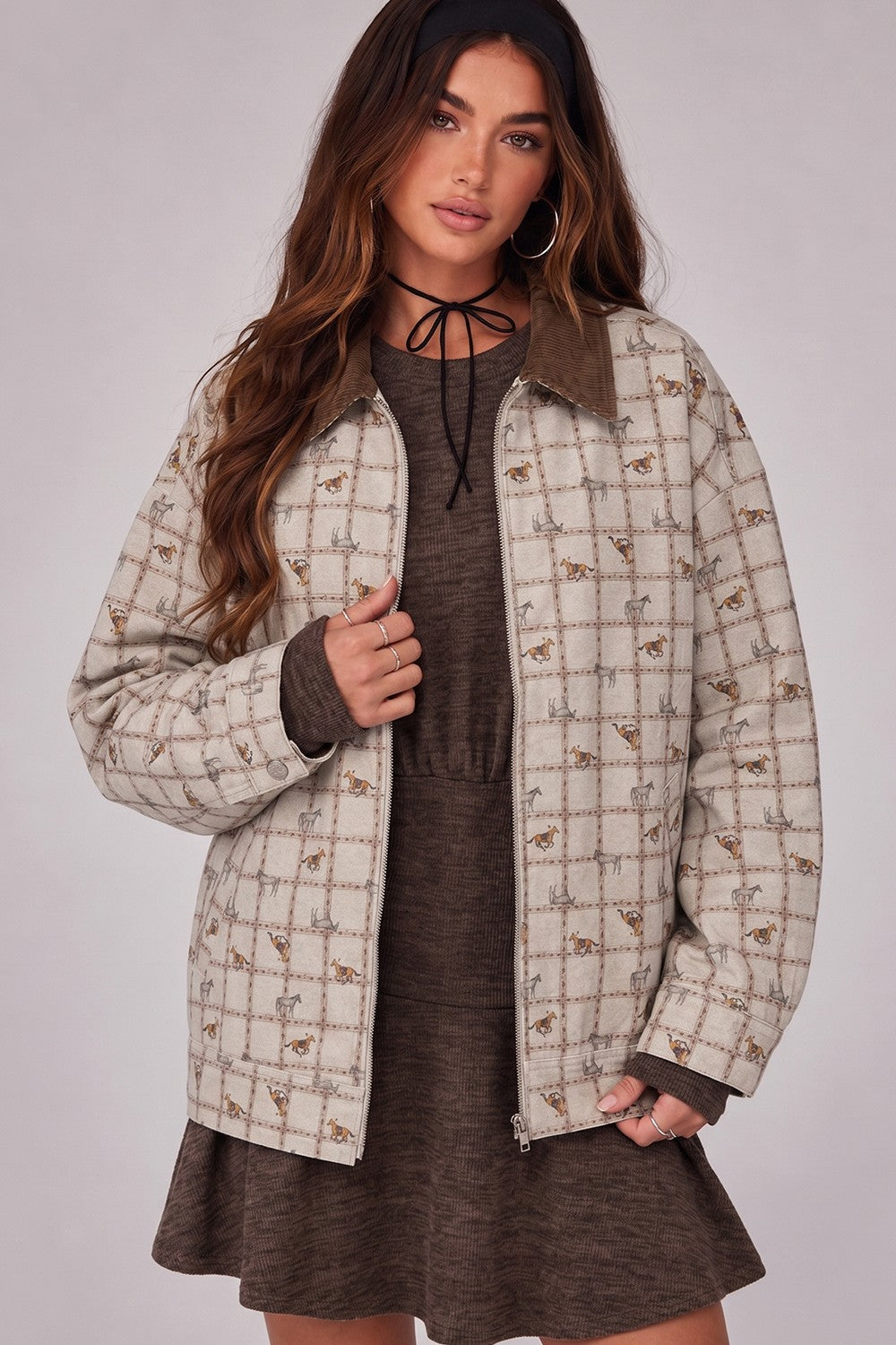 Horse Grid Ivory Zip Up Jacket