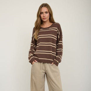 Chocolate Exposed Seam Striped  Pullover Sweater