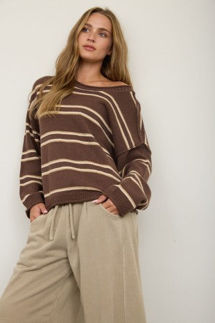 Chocolate Exposed Seam Striped  Pullover Sweater