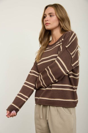 Chocolate Exposed Seam Striped  Pullover Sweater