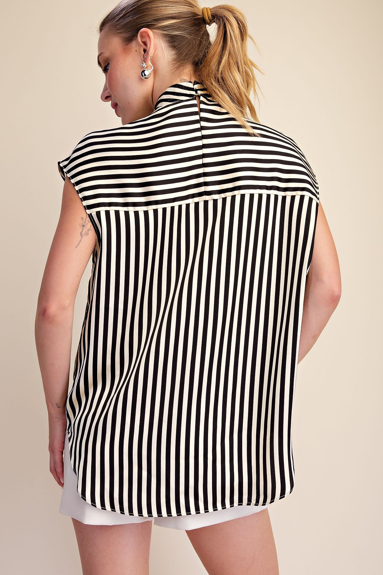 Striped Blouse with Neck Tie- Black
