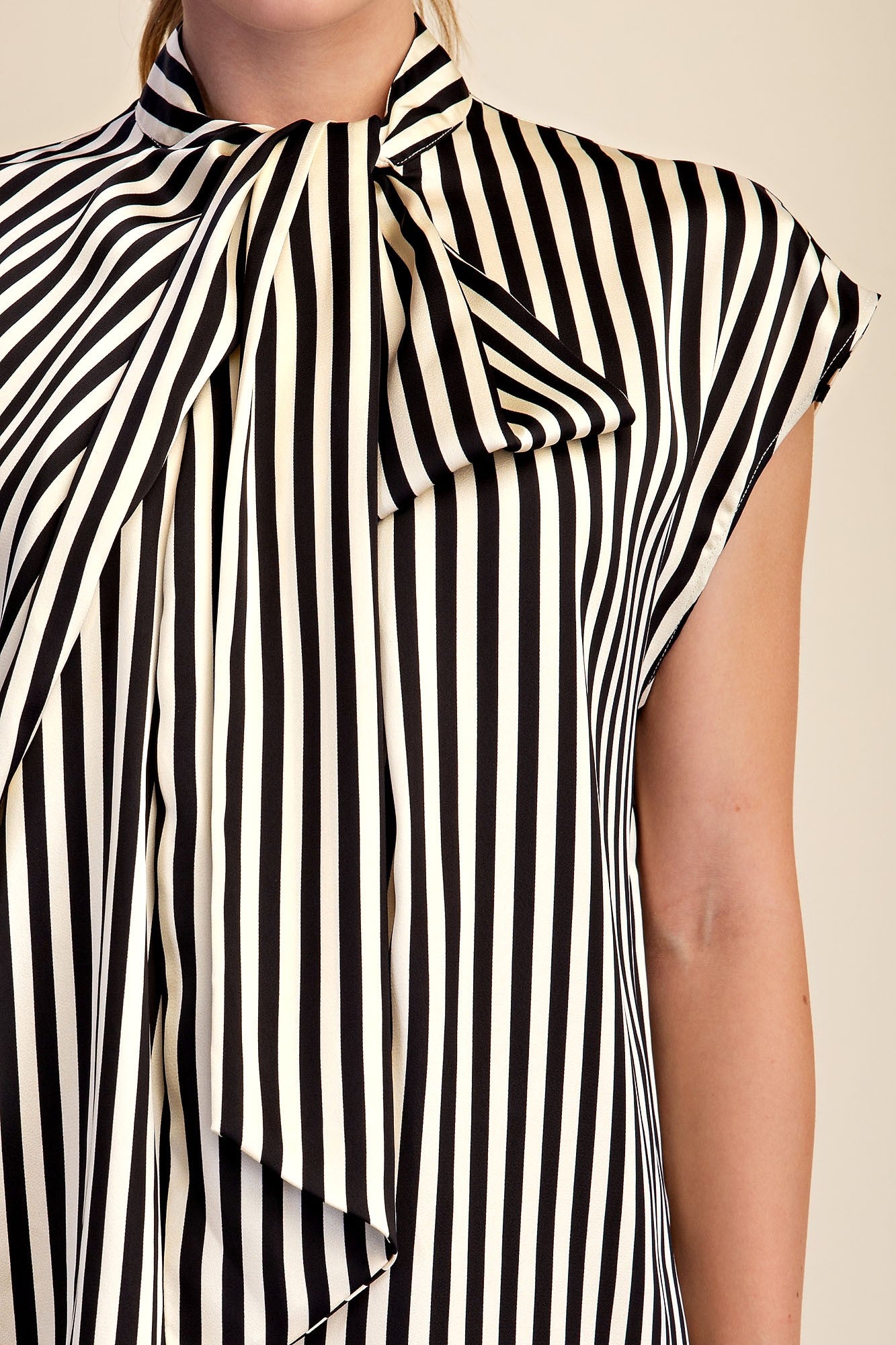 Striped Blouse with Neck Tie- Black