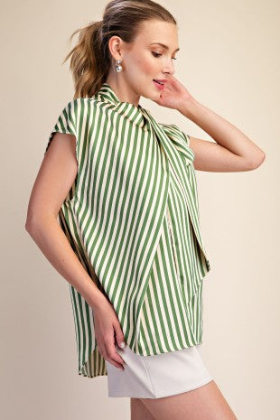 Striped Blouse with Neck Tie- Olive