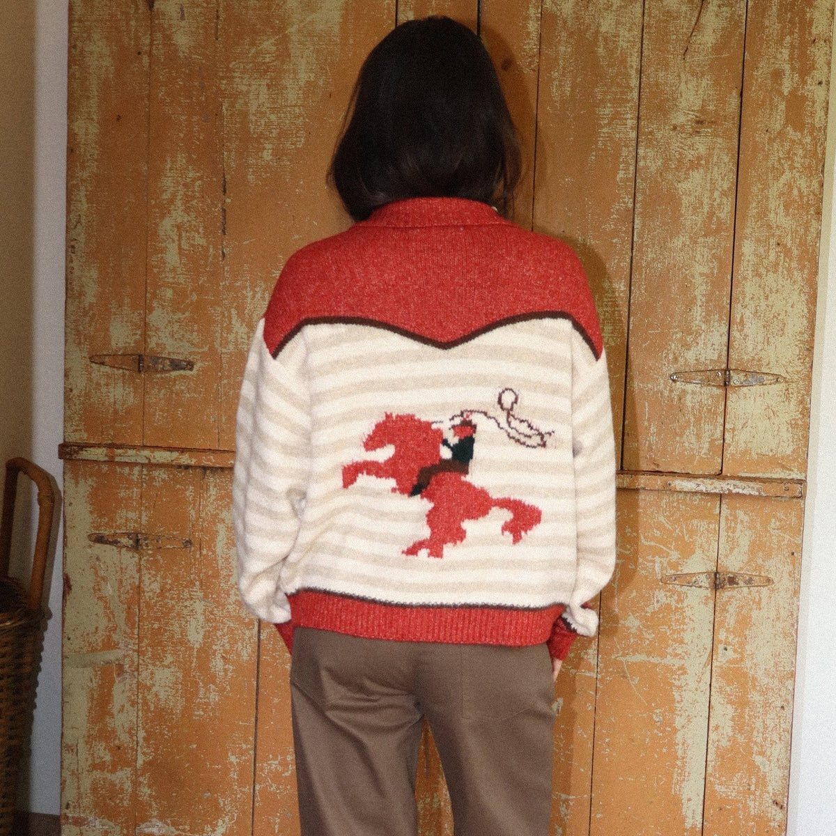 Zip Up Roping Cowboy Striped Sweater