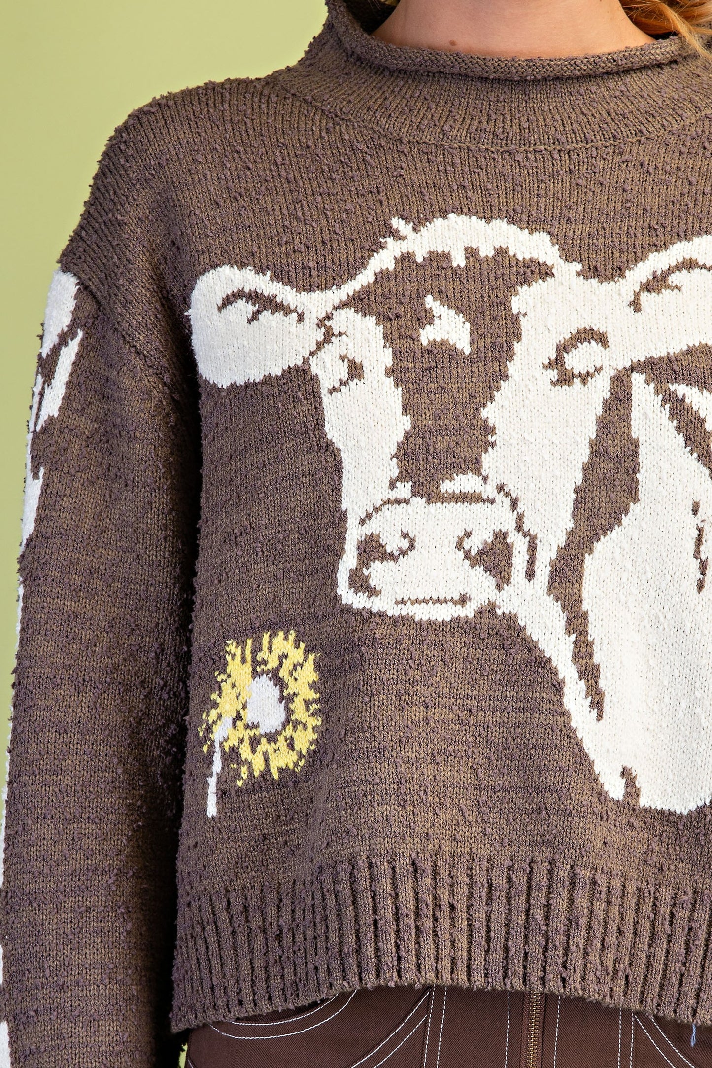 Cow Motif Knit Roll-neck Sweater- Ash Brown