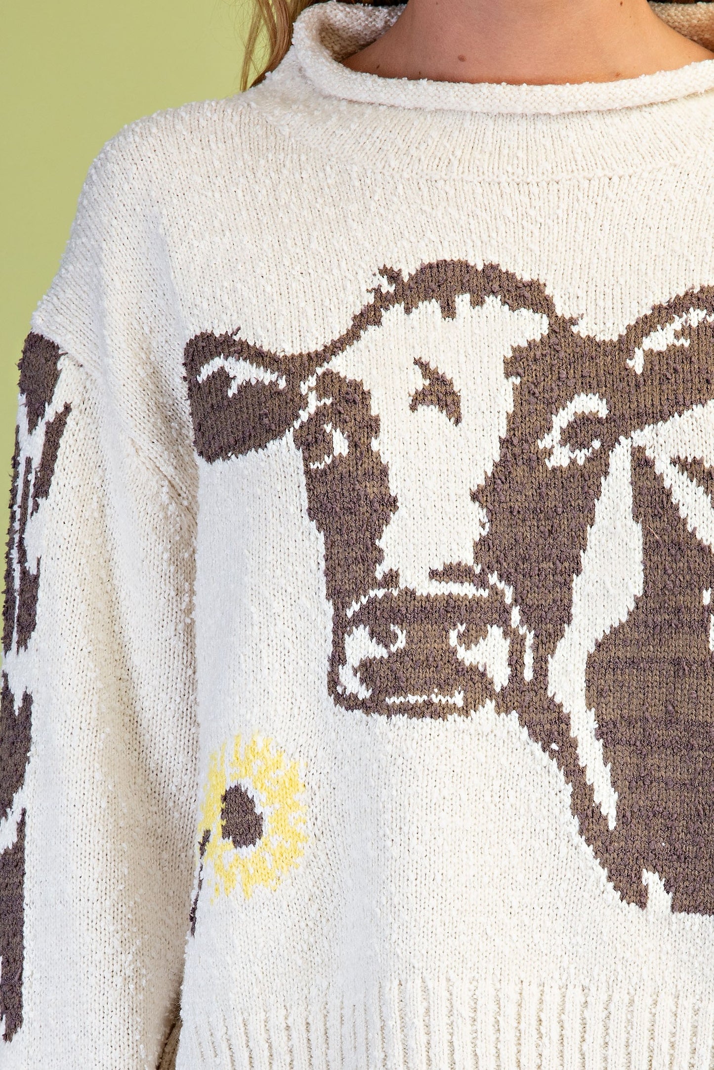 Cow Motif Knit Roll-neck Sweater- Cream