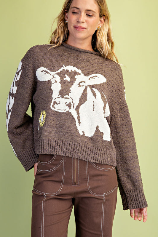 Cow Motif Knit Roll-neck Sweater- Ash Brown