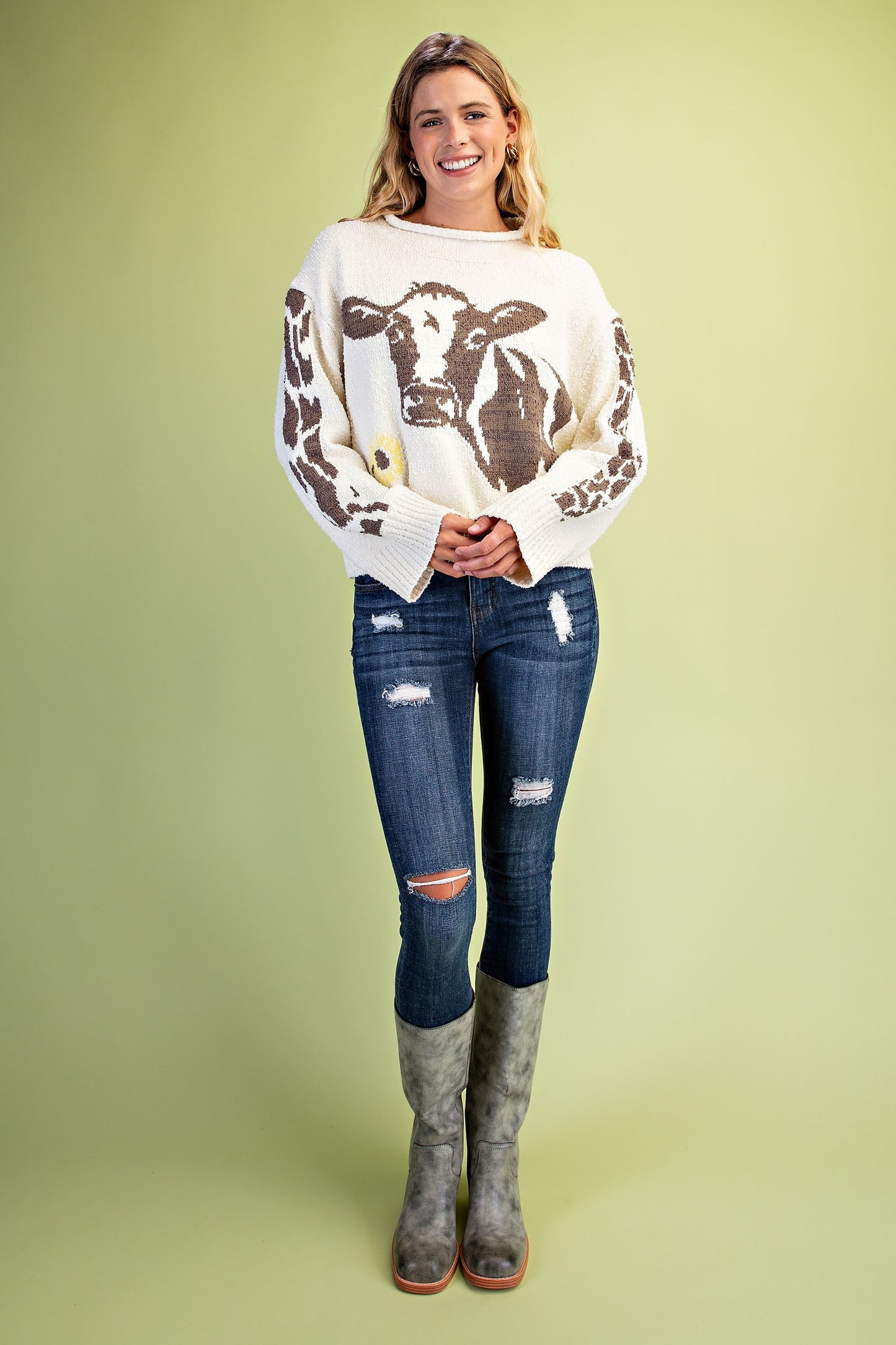 Cow Motif Knit Roll-neck Sweater- Cream