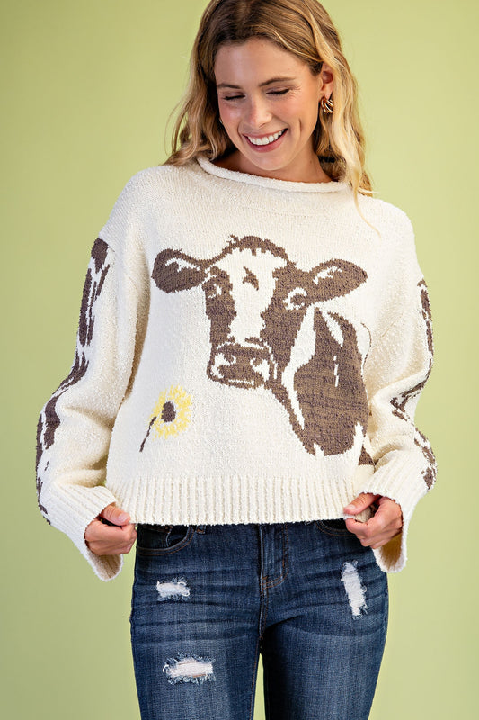 Cow Motif Knit Roll-neck Sweater- Cream