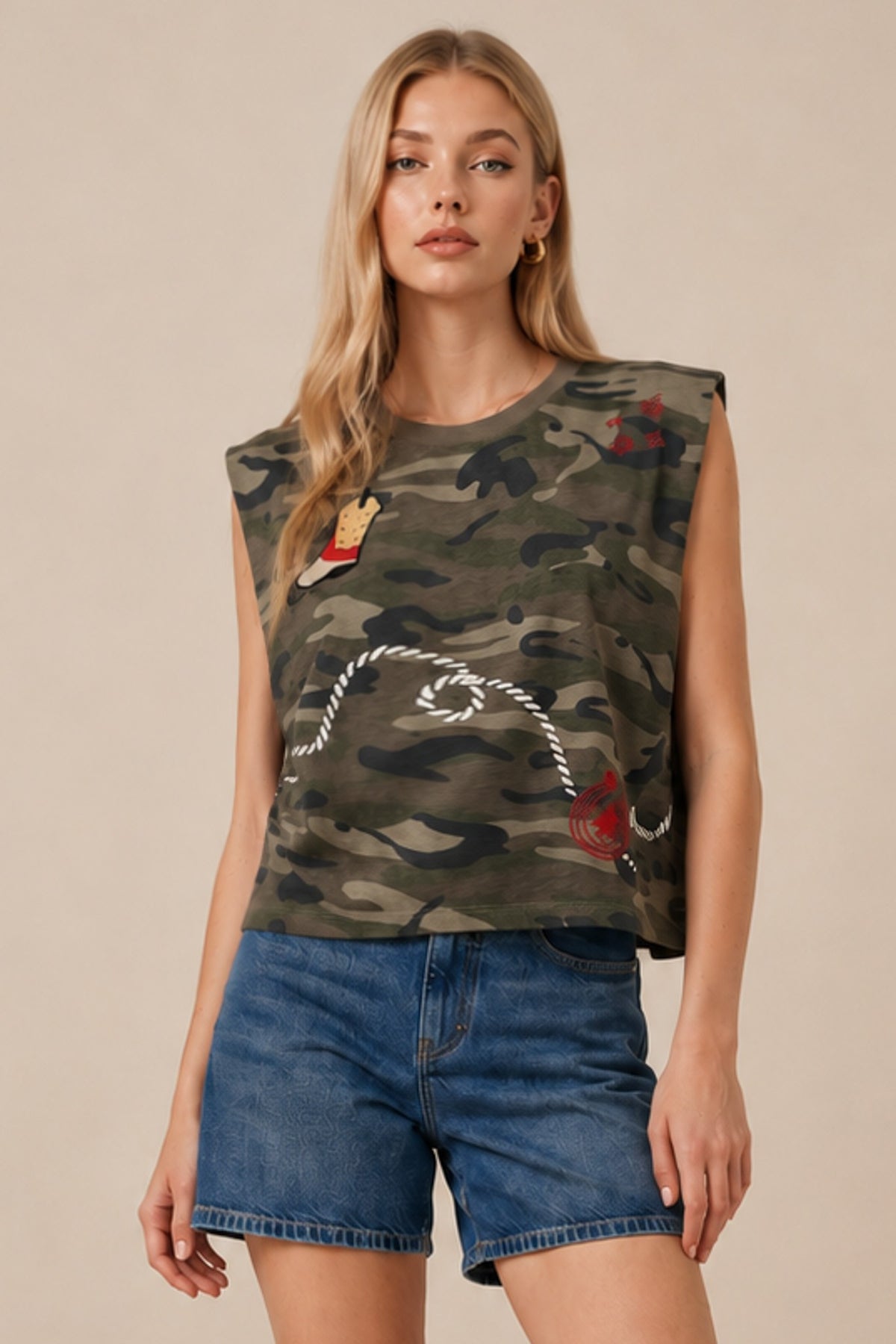 Sleeveless Camo Print Embroidered Top