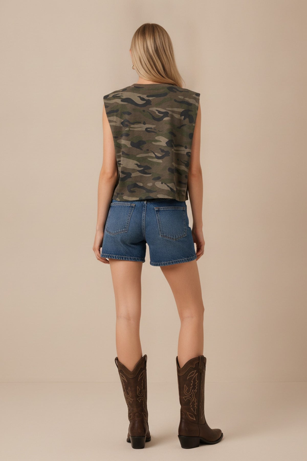Sleeveless Camo Print Embroidered Top