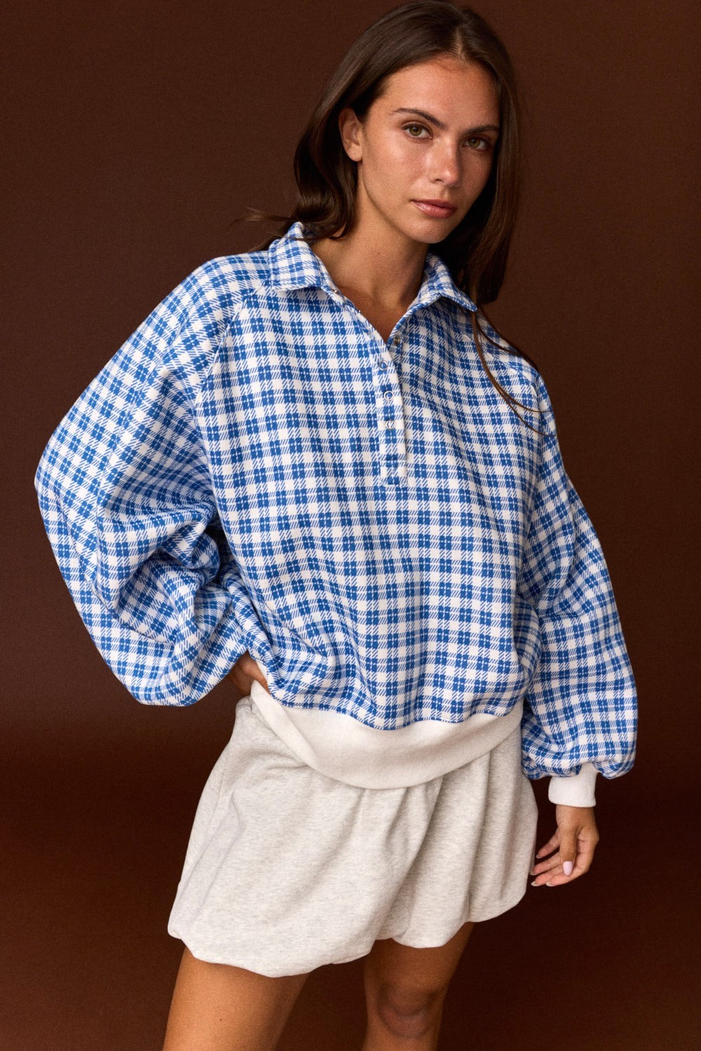 Elora Collar Plaid Button Pullover