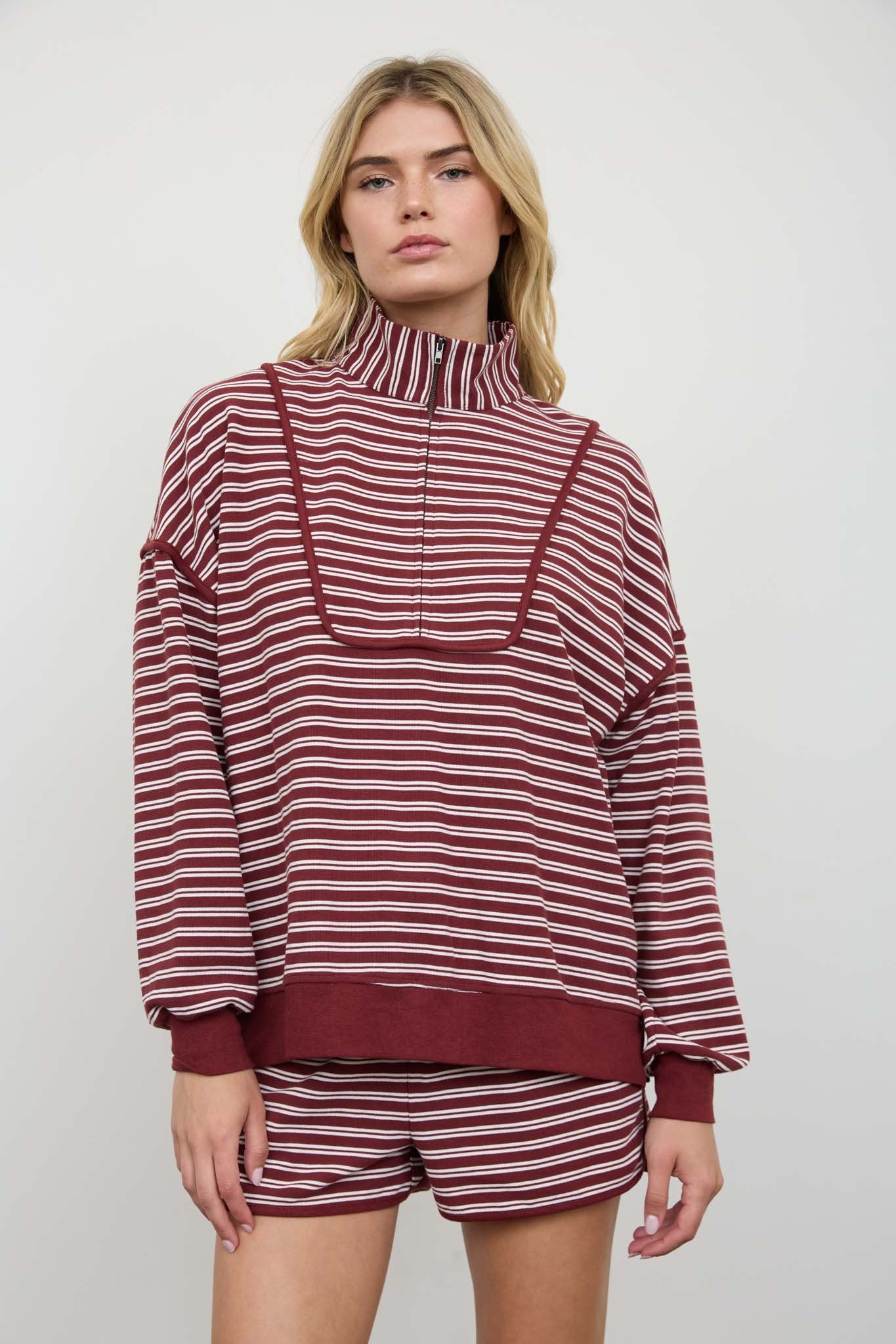 Half Zip Stripe Contrast Trim Top & Short Set