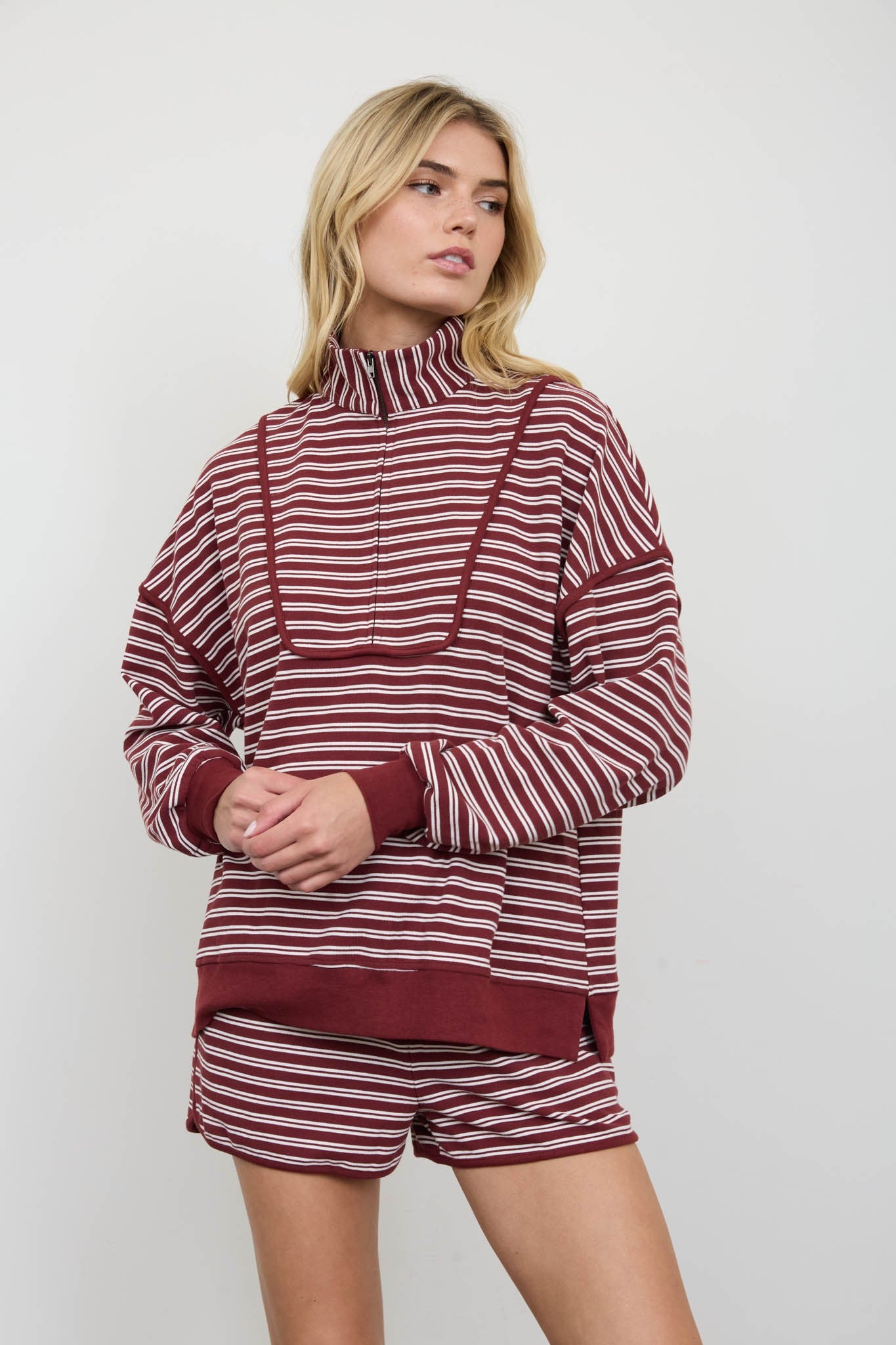 Half Zip Stripe Contrast Trim Top & Short Set