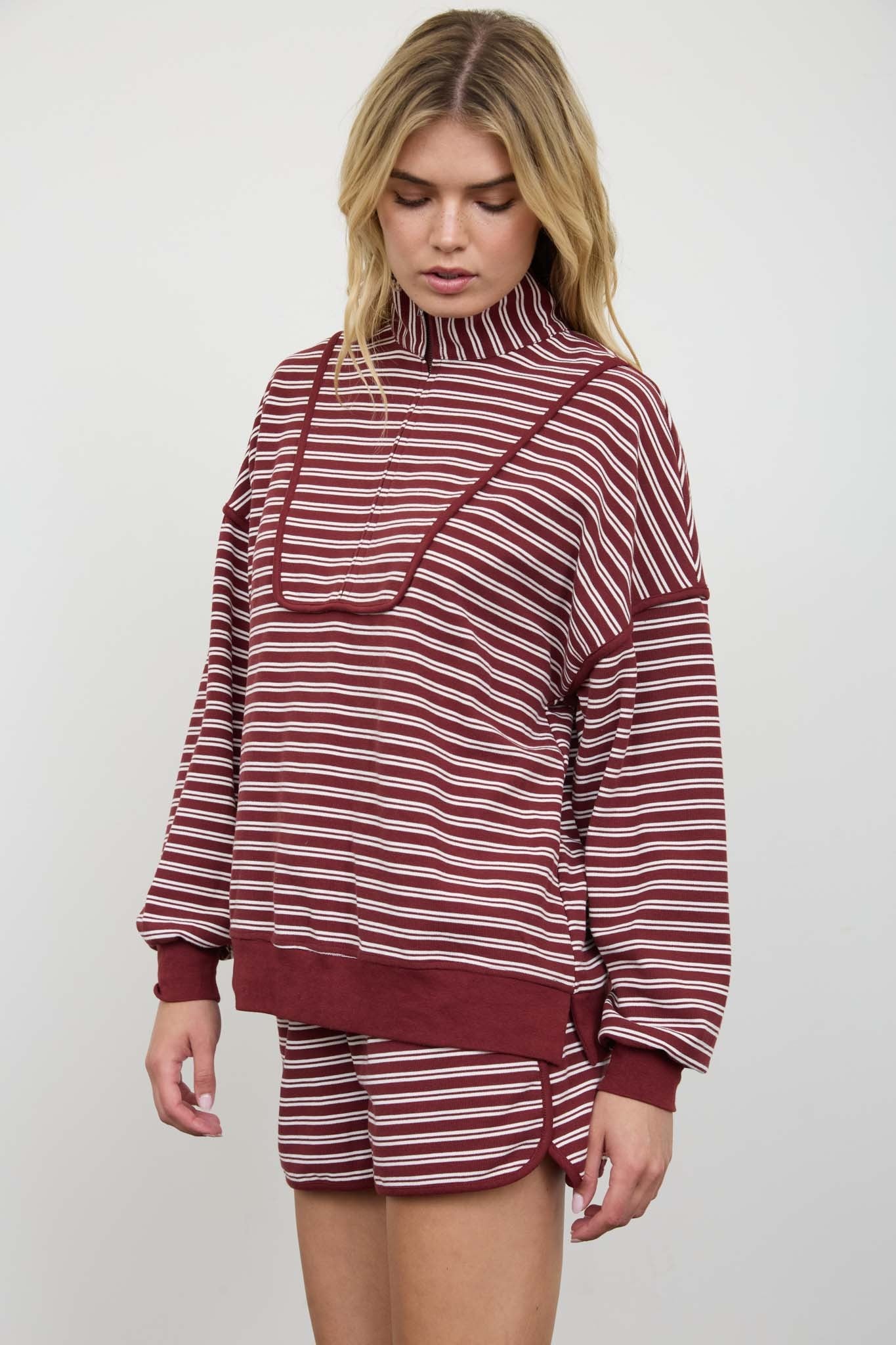 Half Zip Stripe Contrast Trim Top & Short Set