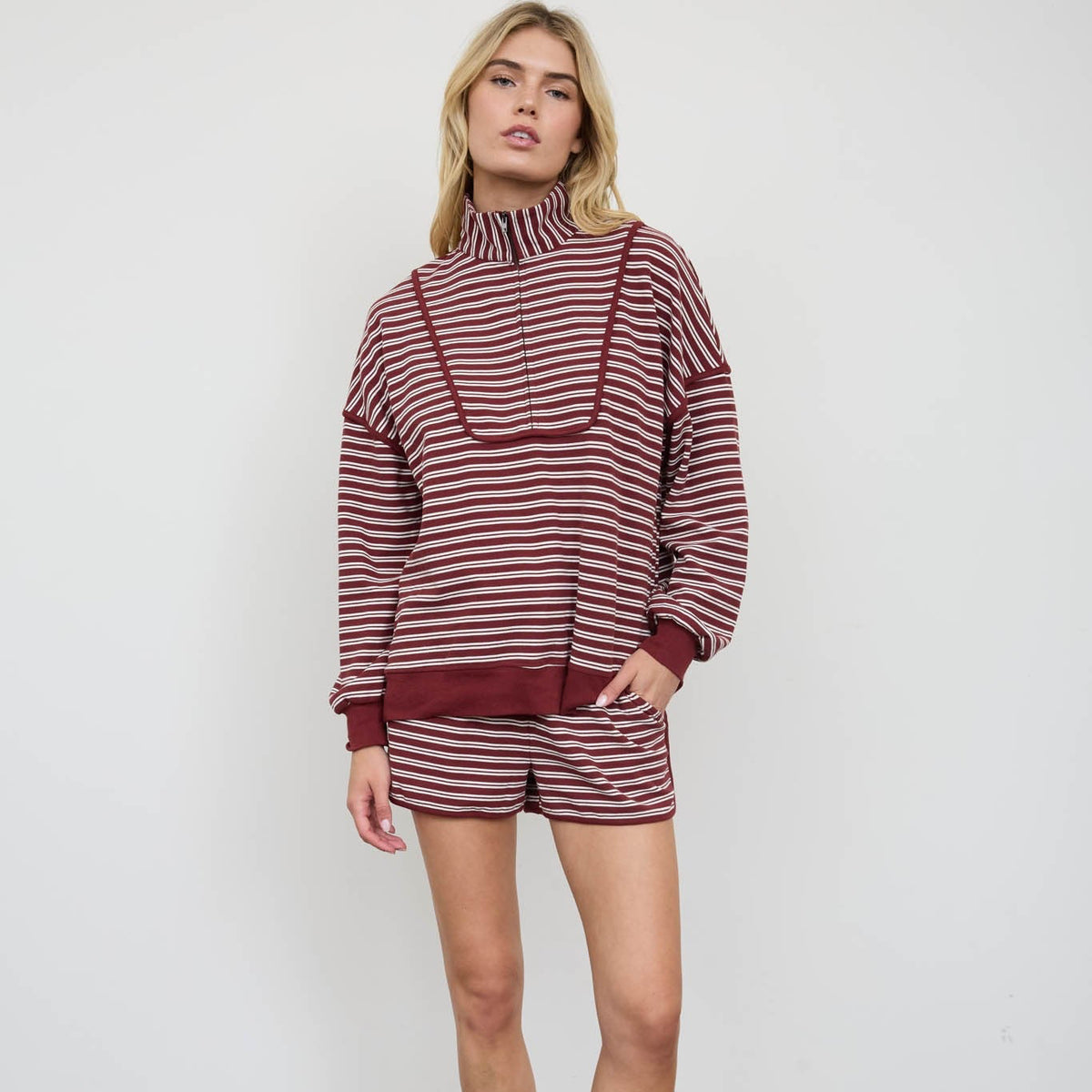 Half Zip Stripe Contrast Trim Top & Short Set