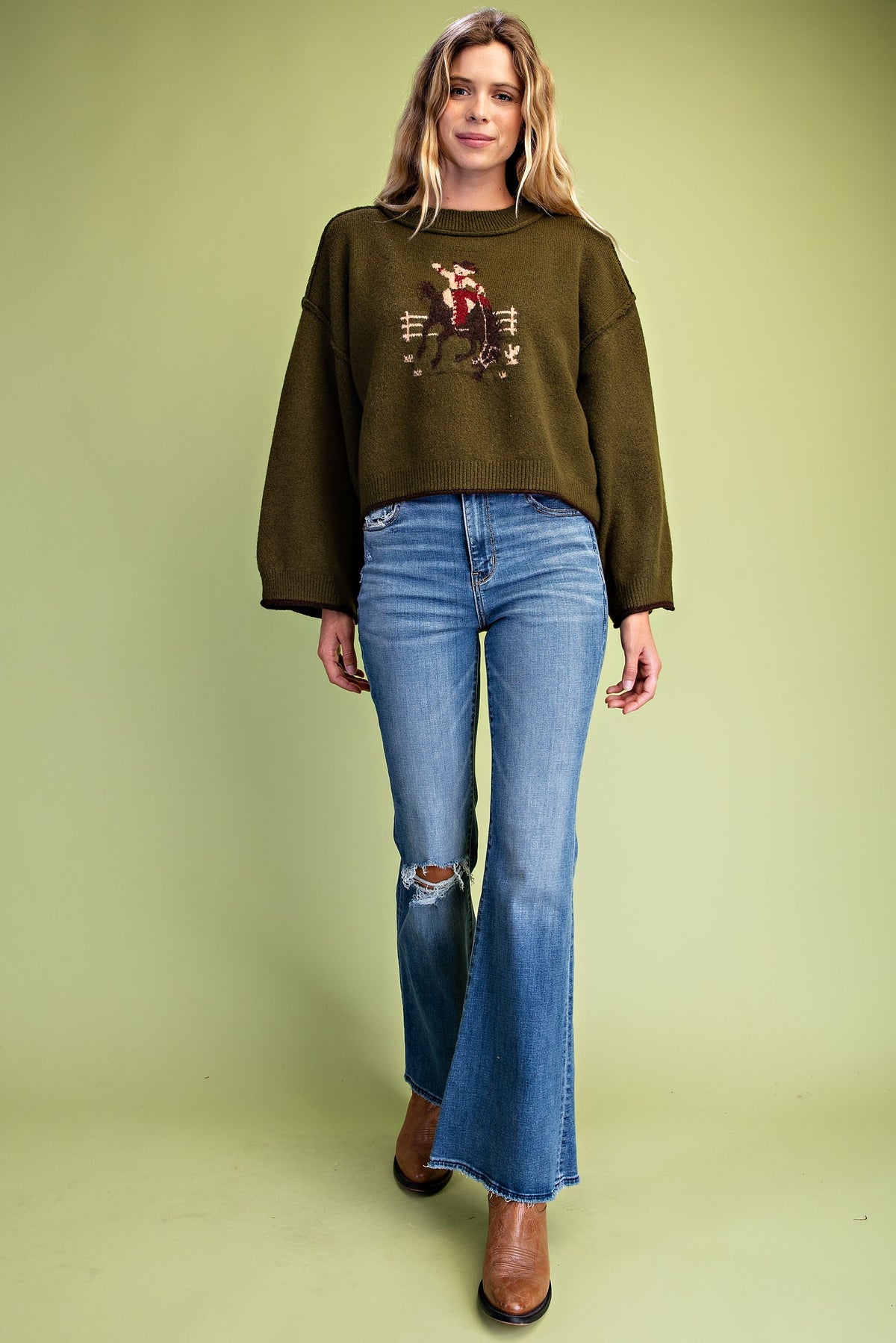 Horseback Cowboy Teddy Bear Sweater- Olive