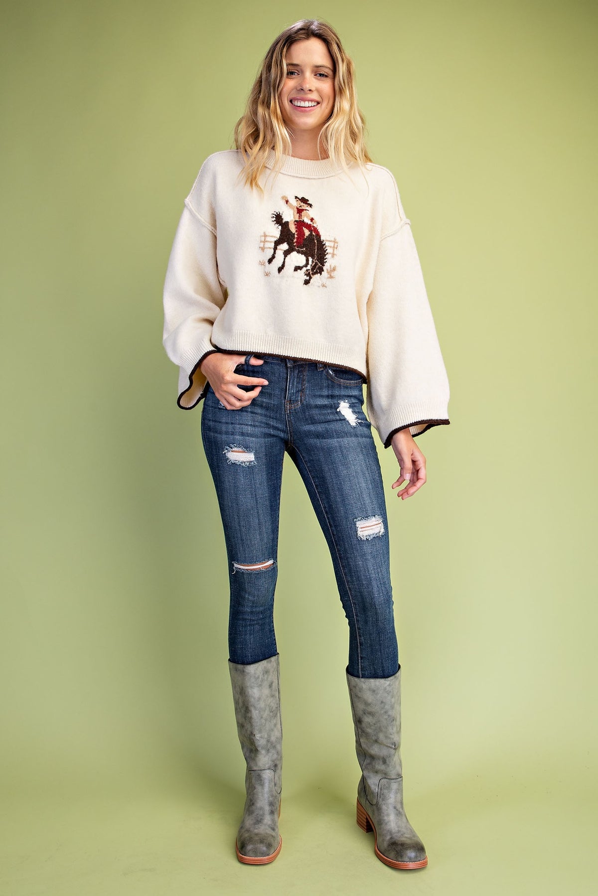 Horseback Cowboy Teddy Bear Sweater- Oatmeal
