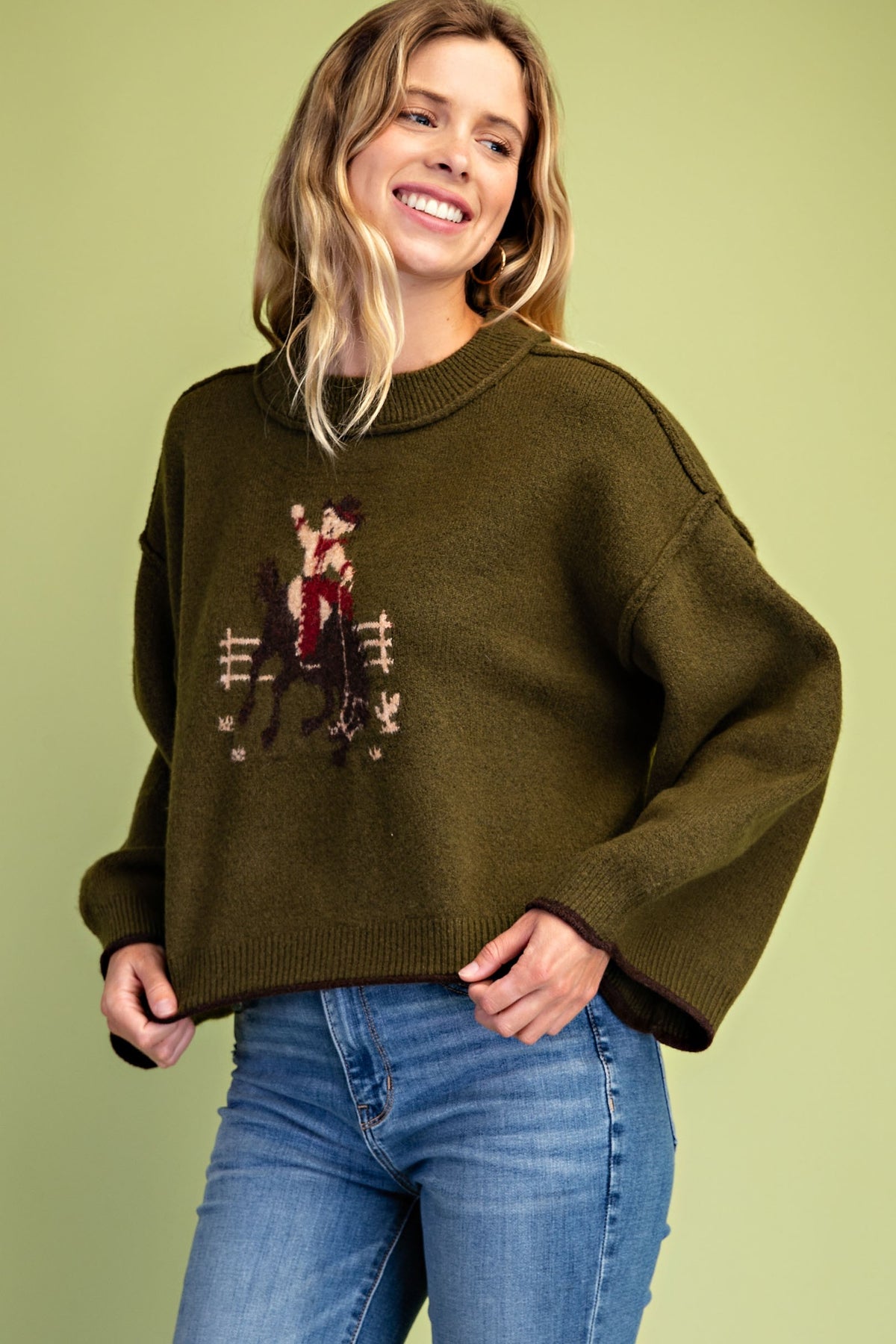 Horseback Cowboy Teddy Bear Sweater- Olive