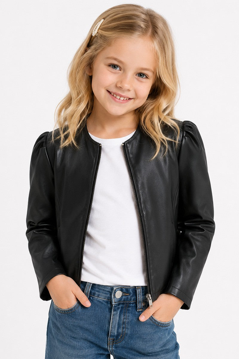 Girls Puff Sleeve Pleather Jacket