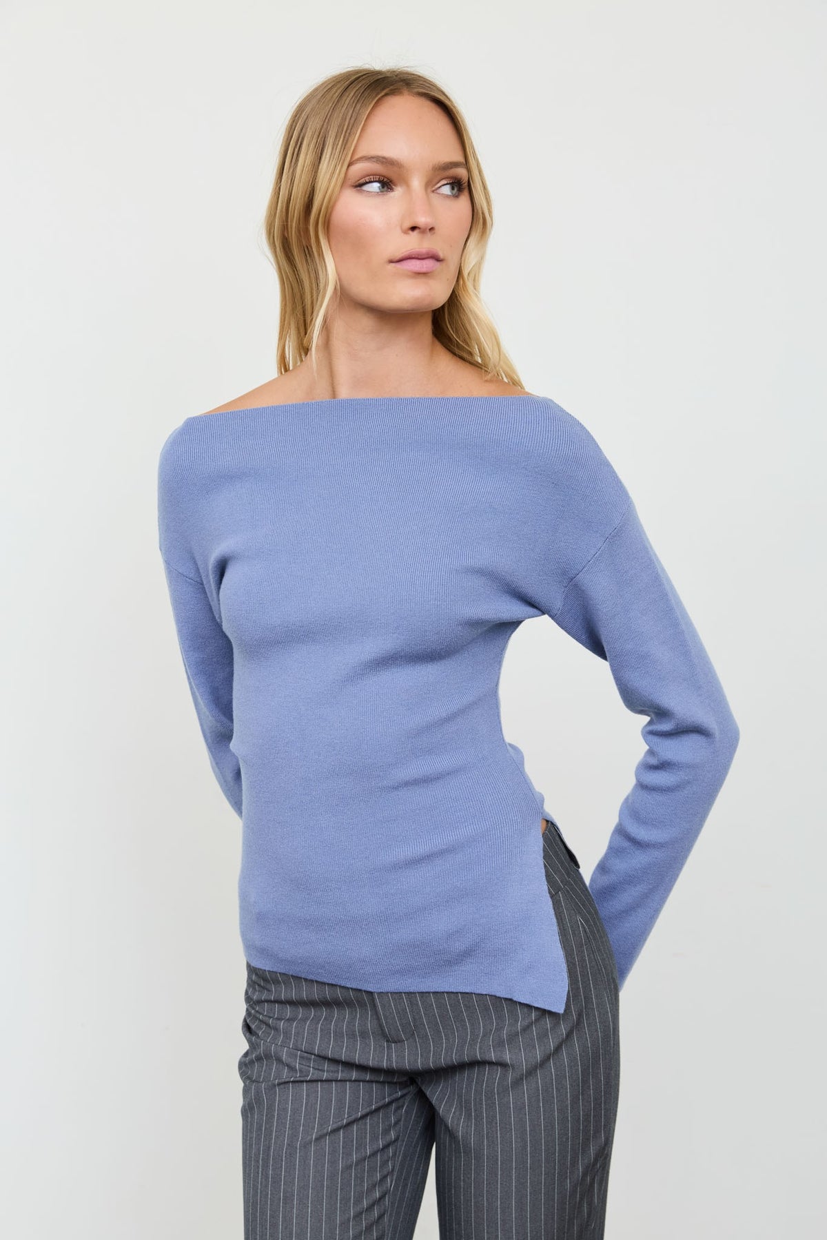 Boat Neck Dolman Knit Sweater- Dusty Blue