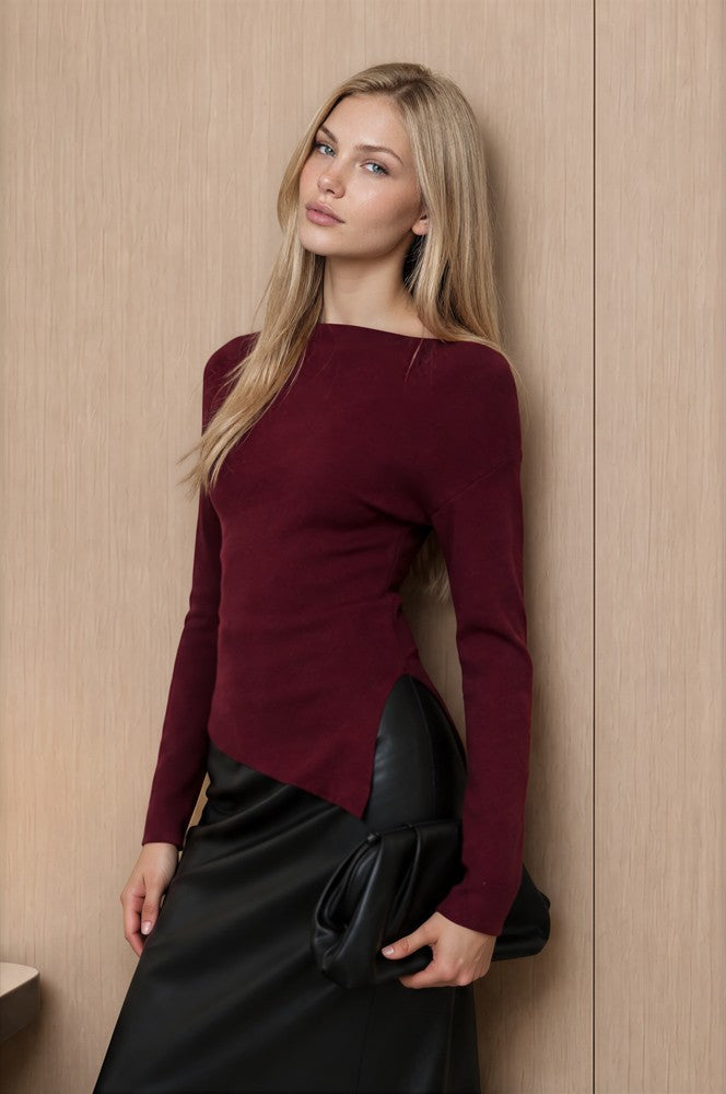 Boat Neck Dolman Knit Sweater- Burgundy