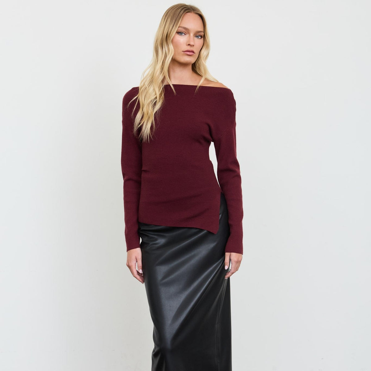 Boat Neck Dolman Knit Sweater- Burgundy