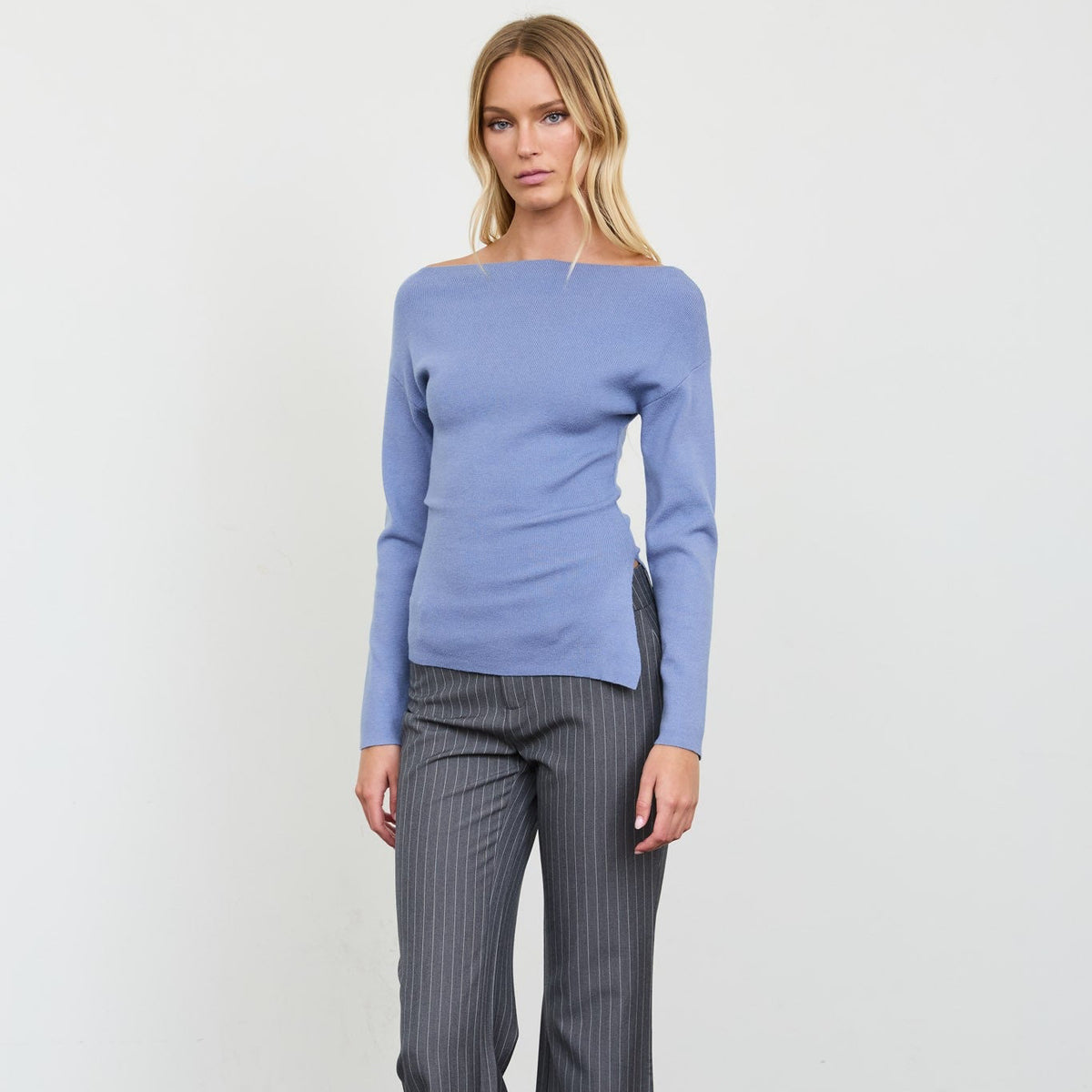 Boat Neck Dolman Knit Sweater- Dusty Blue