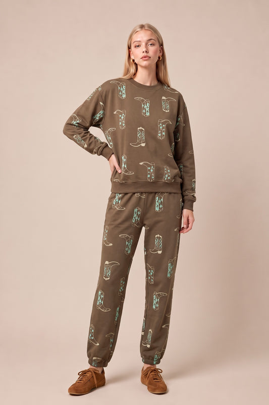 Cowboy Boot Print Sweatpants Set