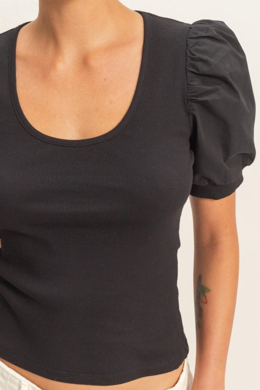 Ribbed Puff Sleeve Scoop Neck Top- Black